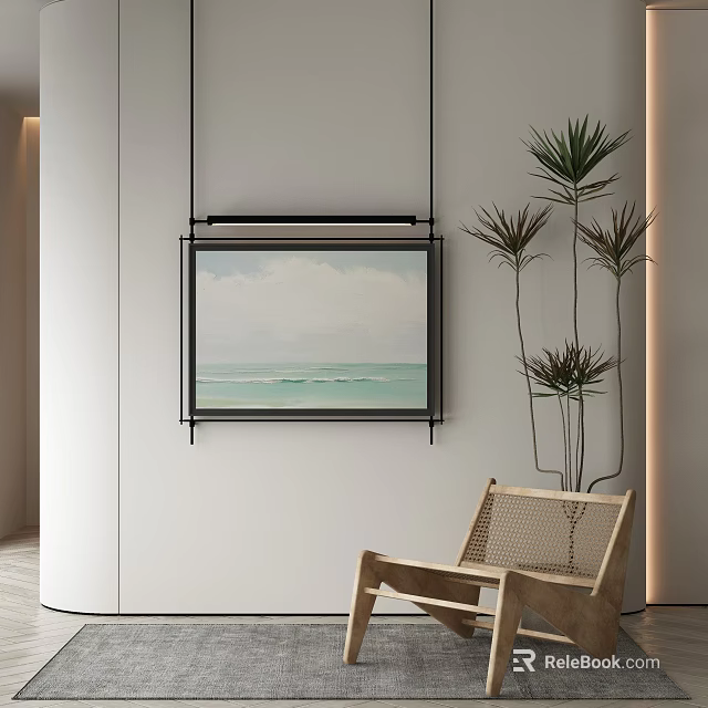 Modern Coastal Landscape Painting Hanging On White Wall With Plants And Wooden Chair 3d model 