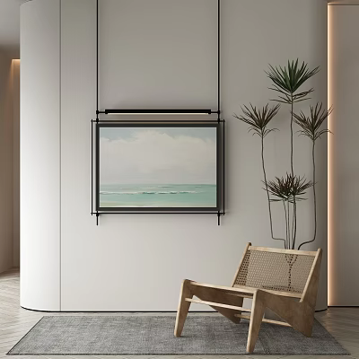 Modern Coastal Landscape Painting Hanging On White Wall With Plants And Wooden Chair 3d model