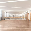 Bright Sports Fitness Indoor Training Area With Wooden Floor Ballet Barre Windows And Curtains