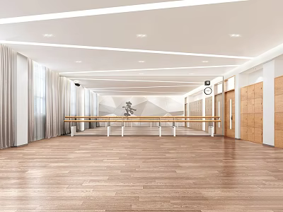 Bright Sports Fitness Indoor Training Area With Wooden Floor Ballet Barre Windows And Curtains 3d model