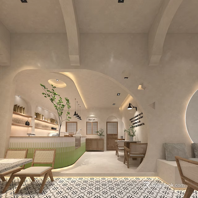 Bubble Tea Shop Modern Interior With Arched Structures Green Counter Plants And Cozy Seating Areas 3d model 
