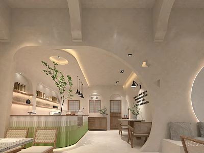 Bubble Tea Shop Modern Interior With Arched Structures Green Counter Plants And Cozy Seating Areas 3d model