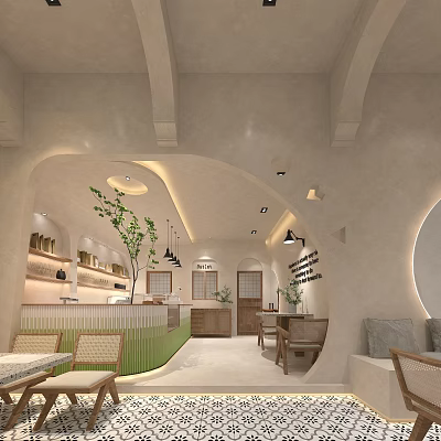 Bubble Tea Shop Modern Interior With Arched Structures Green Counter Plants And Cozy Seating Areas 3d model