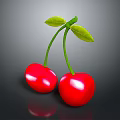 Ripe Red Cherries with Green Stems and Leaves on Dark Surface 3d model