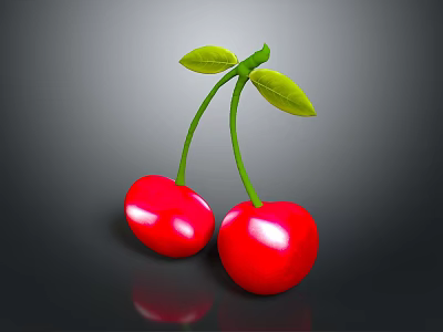 Ripe Red Cherries with Green Stems and Leaves on Dark Surface 3d model