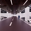 Modern Parking Garage Entrance Design with Yellow Floor Stripes Gray Walls and Black Striped Ceiling