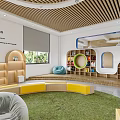Library Interior Design With Bookshelves Green Area And Yellow Seats