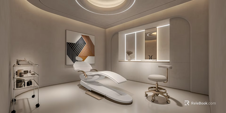 Modern Minimalist Treatment Room Interior With White Chair Stool Mirror Sink And Artwork 3d model 