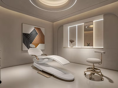 Modern Minimalist Treatment Room Interior With White Chair Stool Mirror Sink And Artwork 3d model