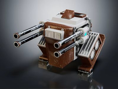 Futuristic Mechanical Character With Multi Barrel Cannons And Brown White Structure 3d model