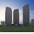 Modern Glassy Office Buildings By Waterfront With Sunset Light And Urban Landscape