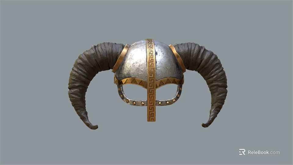 Medieval Helmet With Large Curved Horns Metallic Silver Surface And Intricate Golden Patterns 3d model 