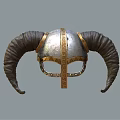 Medieval Helmet With Large Curved Horns Metallic Silver Surface And Intricate Golden Patterns