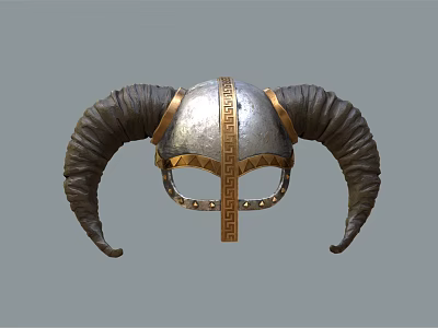 Medieval Helmet With Large Curved Horns Metallic Silver Surface And Intricate Golden Patterns 3d model