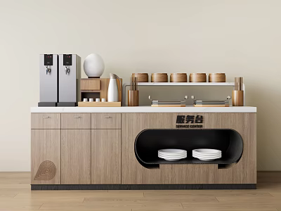 Light Wood Sideboard With Water Dispensers White Vase Wooden Containers And Open Black Compartment 3d model