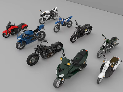 Diverse Collection Of Motorcycles Showcasing Sporty Cruiser Classic And Scooter Models In Various Colors 3d model