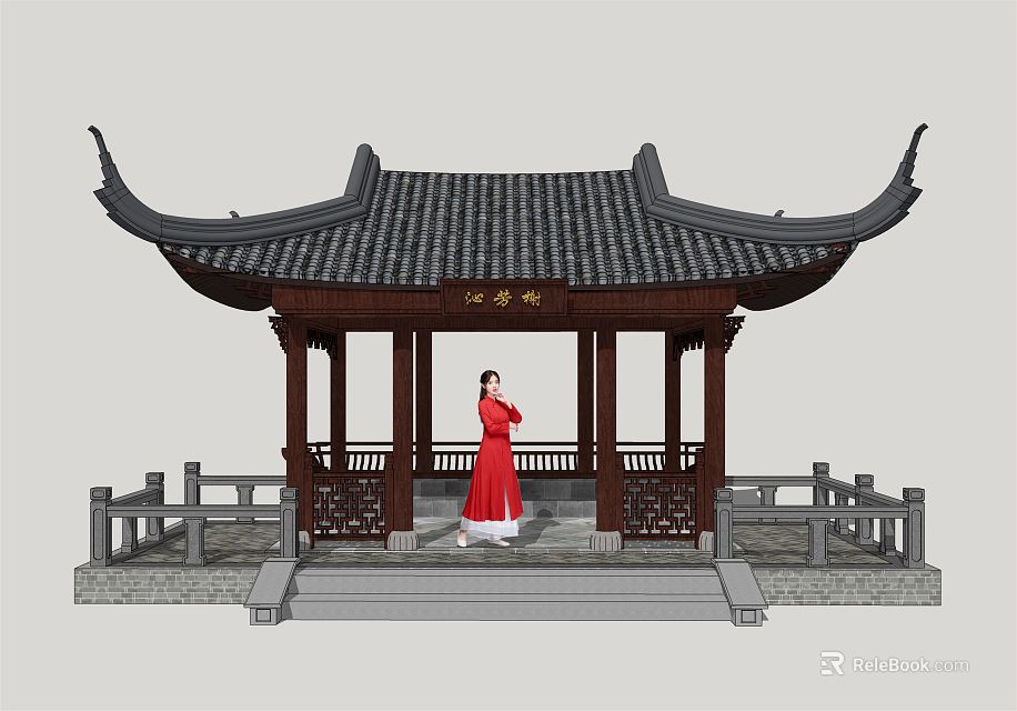 Traditional Chinese Classical Pavilion With Person in Red Attire Standing Inside 3d model 