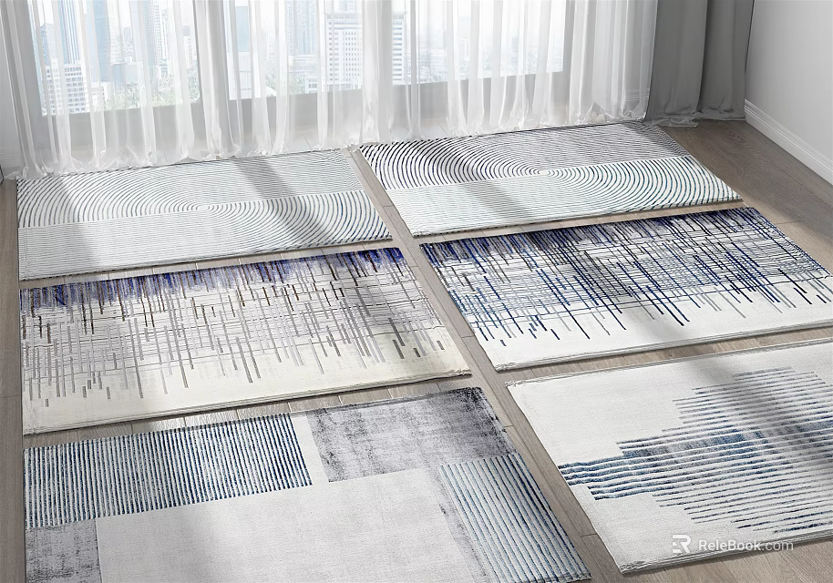Square Rugs With Geometric Line Patterns In Blue Grey White Tones For Modern Home Decor 3d model 