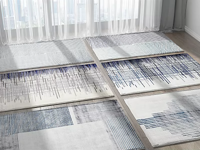 Square Rugs With Geometric Line Patterns In Blue Grey White Tones For Modern Home Decor 3d model