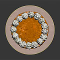 Round Layered Cake With White Cream Frosting And Decorated Top On Platter