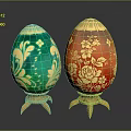 Green And Orange Decorative Eggs With Animal Gold Patterns On Stands
