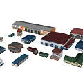 Various Designed Industrial Warehouse Buildings With Colorful Roofs And Structures