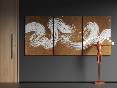 Abstract Painting Triptych With White Flowing Lines Golden Background Red Sculpture Against Dark Gray Wall 3d model