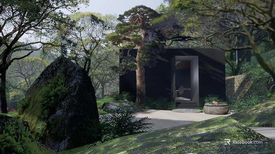 Tranquil Natural Garden Featuring Pine Tree Stone Rocks And Wooden Cabin 3d model 