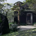 Tranquil Natural Garden Featuring Pine Tree Stone Rocks And Wooden Cabin