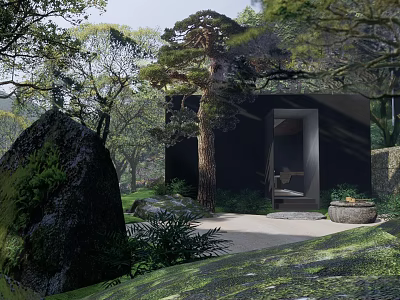 Tranquil Natural Garden Featuring Pine Tree Stone Rocks And Wooden Cabin 3d model