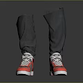 Stylish Red And White Sneakers With Gray Rolled Cuff Pants On Dark Reflective Surface