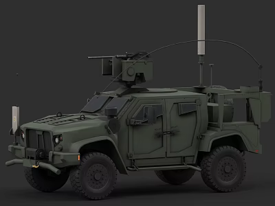 Military Green Armored Utility Vehicle With Roof Mounted Weapon System And Off Road Tires 3d model