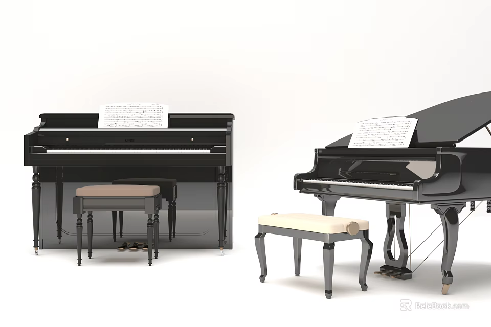 Classic Musical Instruments and Art Supplies Featuring Black Upright Grand Pianos Sheet Music and Benches 3d model 