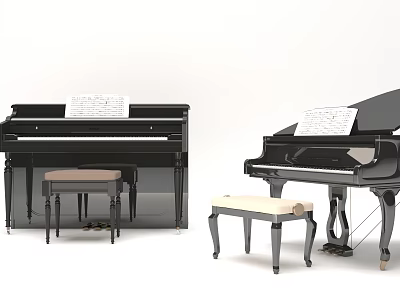 Classic Musical Instruments and Art Supplies Featuring Black Upright Grand Pianos Sheet Music and Benches 3d model