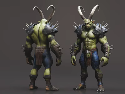 Game Movie Character with Green Skin Horns Spiked Shoulder Armor and Muscular Physique 3d model