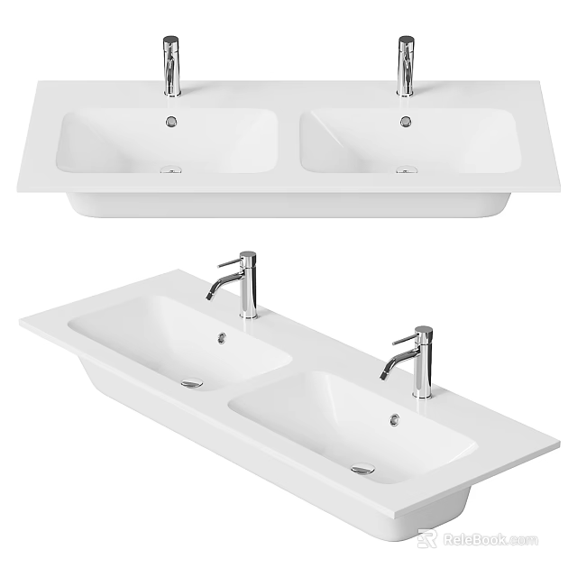 Double White Ceramic Washbasin with Chrome Faucets Rectangular Design for Modern Bathroom 3d model