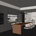 Modern Kitchen Dining Area With Dark Wooden Cabinets Island Counter Pendant Lights And White Chairs