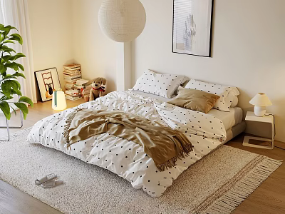 Cozy Bedroom Interior with White Polka Dot Quilt Brown Throw Soft Rug and Nightstand Lamp 3d model