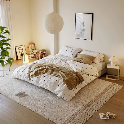 Cozy Bedroom Interior with White Polka Dot Quilt Brown Throw Soft Rug and Nightstand Lamp 3d model