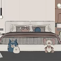 Cozy Bedroom With Double Bed Striped Bedspread Pillows And Stuffed Toys