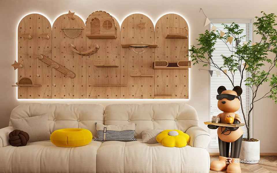 Wooden Arched Wall Mounted Decorative Cabinet In Living Room With Sofa Yellow Cushions And Panda Decor 3d model 