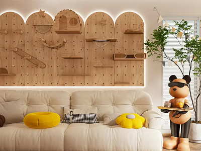 Wooden Arched Wall Mounted Decorative Cabinet In Living Room With Sofa Yellow Cushions And Panda Decor 3d model