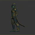 Futuristic Humanoid Character In Teal And Gold Bio Mechanical Armor With Detailed Patterns