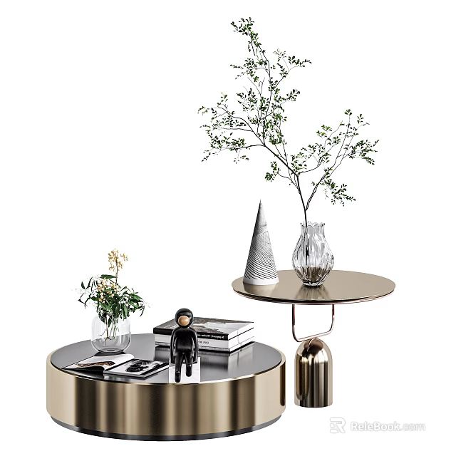 Modern Round Coffee Tables With Green Plants Books Glass Vase And Cone Shaped Decor 3d model 