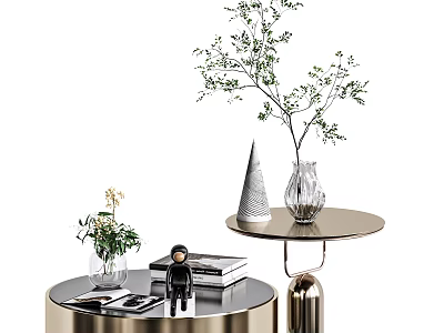 Modern Round Coffee Tables With Green Plants Books Glass Vase And Cone Shaped Decor 3d model