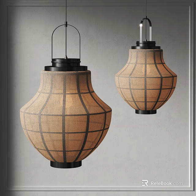 Beige Lantern Shaped Woven Pendant Lights with Grid Pattern and Black Metal Base 3d model 