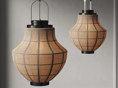 Beige Lantern Shaped Woven Pendant Lights with Grid Pattern and Black Metal Base 3d model