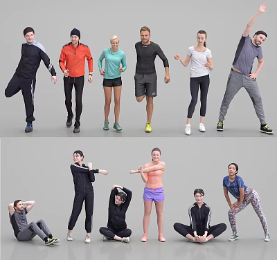 Group of People Doing Various Exercise Poses in Active Workout Positions 3d model