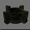 Antique Moss Covered Stone Stove With Four Square Pillars And Ornate Carvings