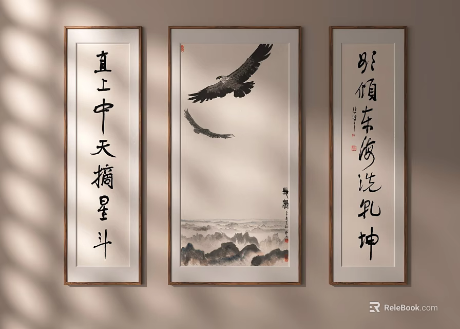 Three Panel Traditional Chinese Wall Art With Eagle Painting And Calligraphy 3d model 